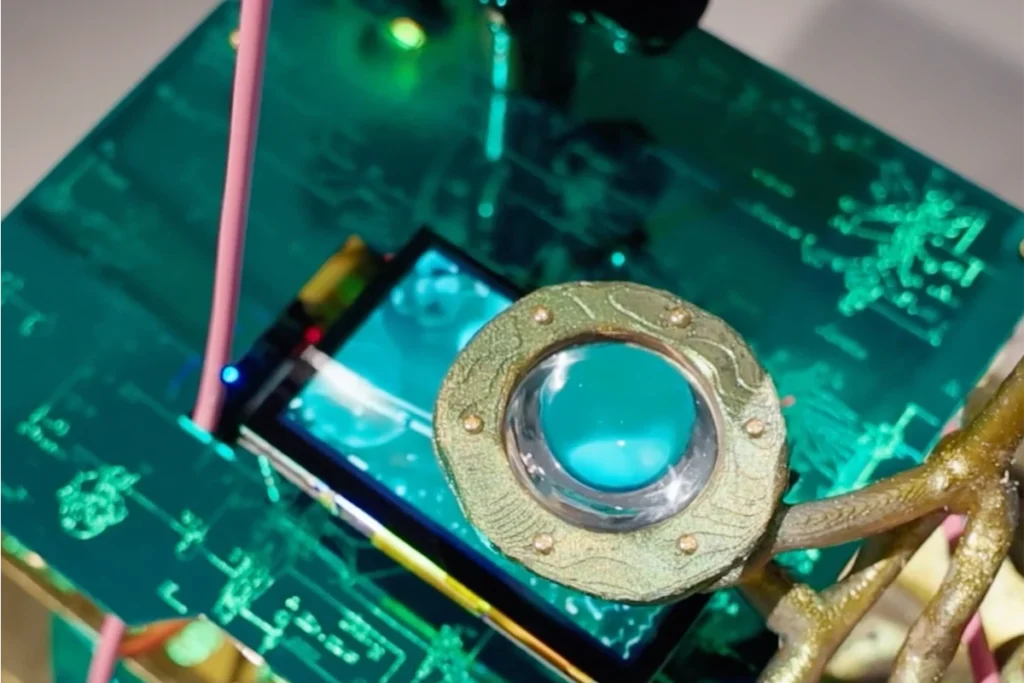Close-up of a gold-colored, round object with a blue, glass ball in the middle, which lies on a reflective, turquoise surface with electronic circuits.
